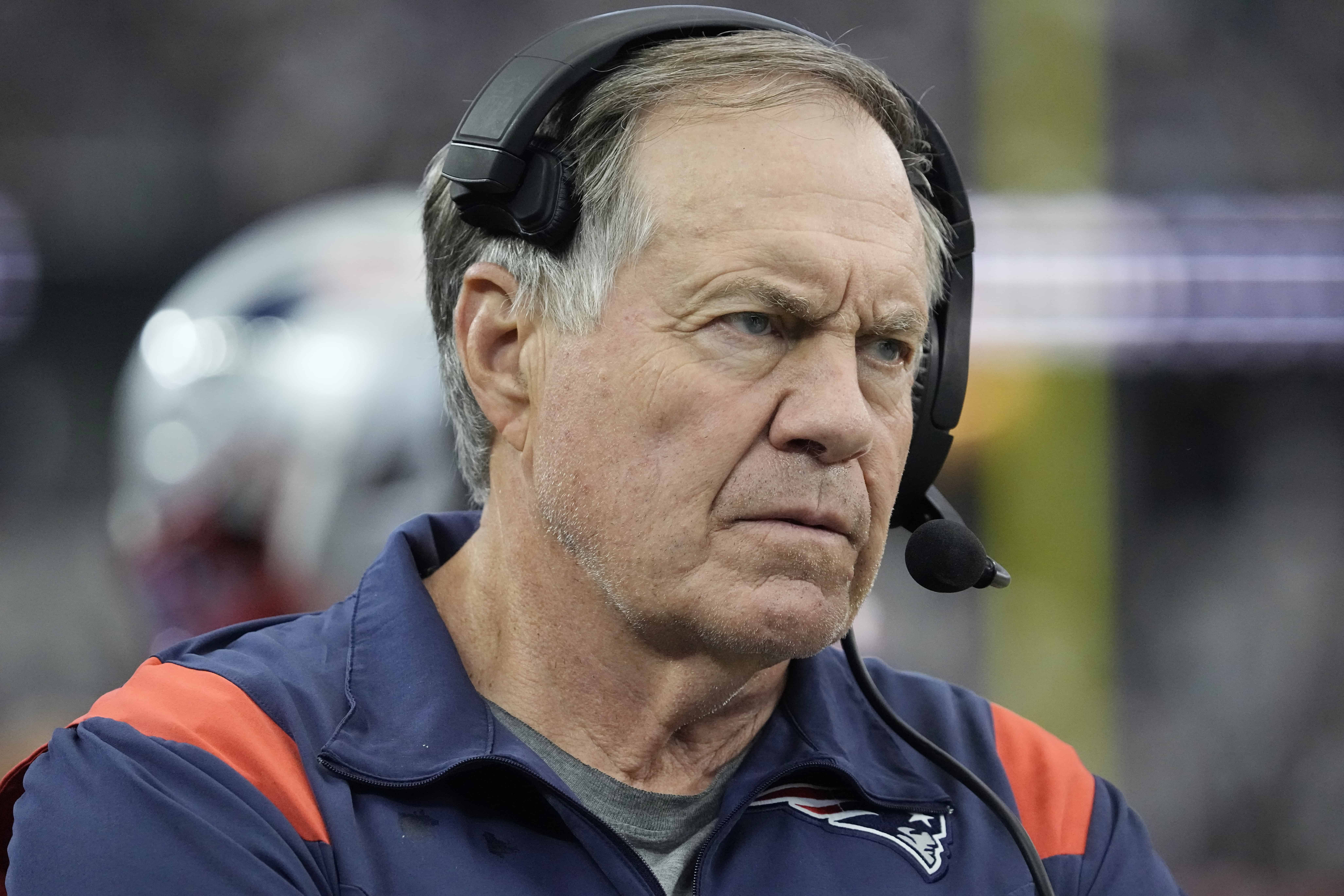 Head coach Bill Belichick of the New England Patriots looks during the first quarter against the Dallas Cowboys at AT&T Stadium on October 01, 2023 in Arlington, Texas