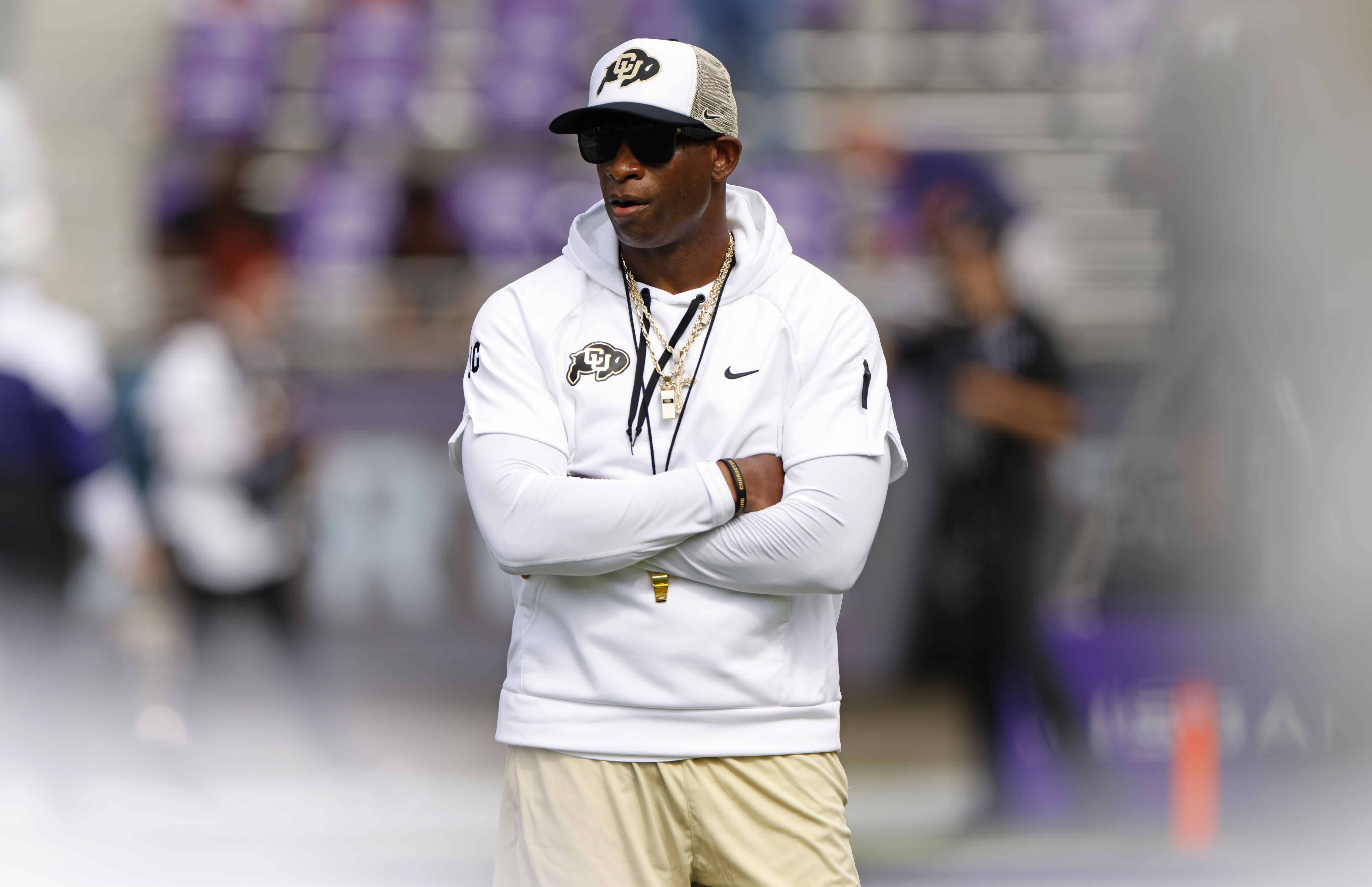 Head coach Deion Sanders of the Colorado Buffaloes walks the field before the game between the TCU Horned Frogs and the Colorado Buffaloes at Amon G. Carter Stadium on September 2, 2023 in Fort Worth, Texas.