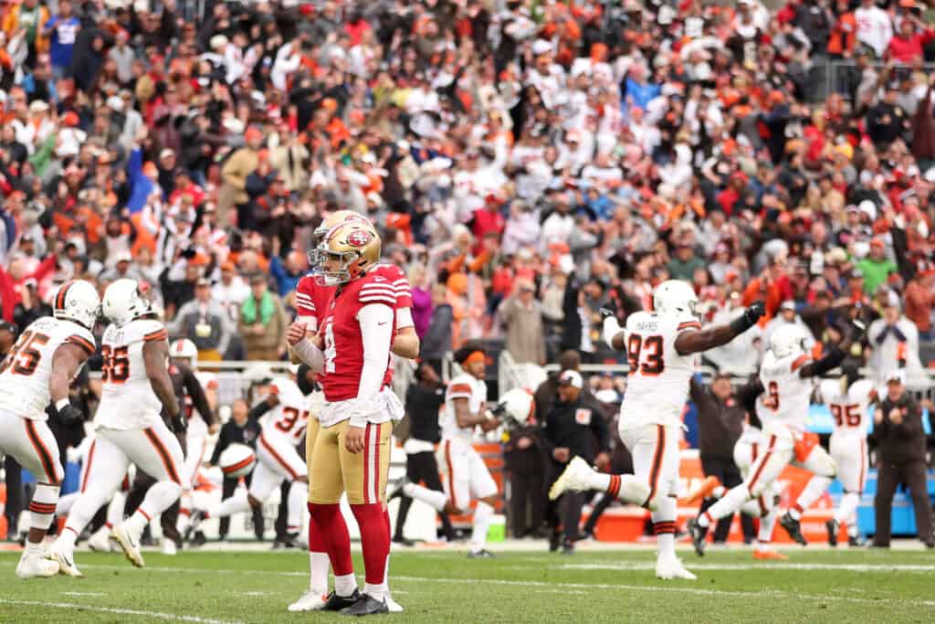 jake Moody #4 of the San Francisco 49ers reacts after winning a game winning field goal during the fourth quarter against the Cleveland Browns at Cleveland Browns Stadium on October 15, 2023 in Cleveland, Ohio.