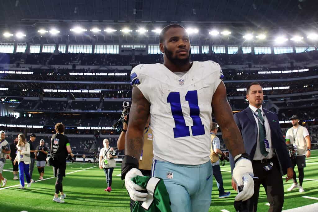 Micah Parsons #11 of the Dallas Cowboys leaves the field after the game against the New York Jets at AT&T Stadium on September 17, 2023 in Arlington, Texas.