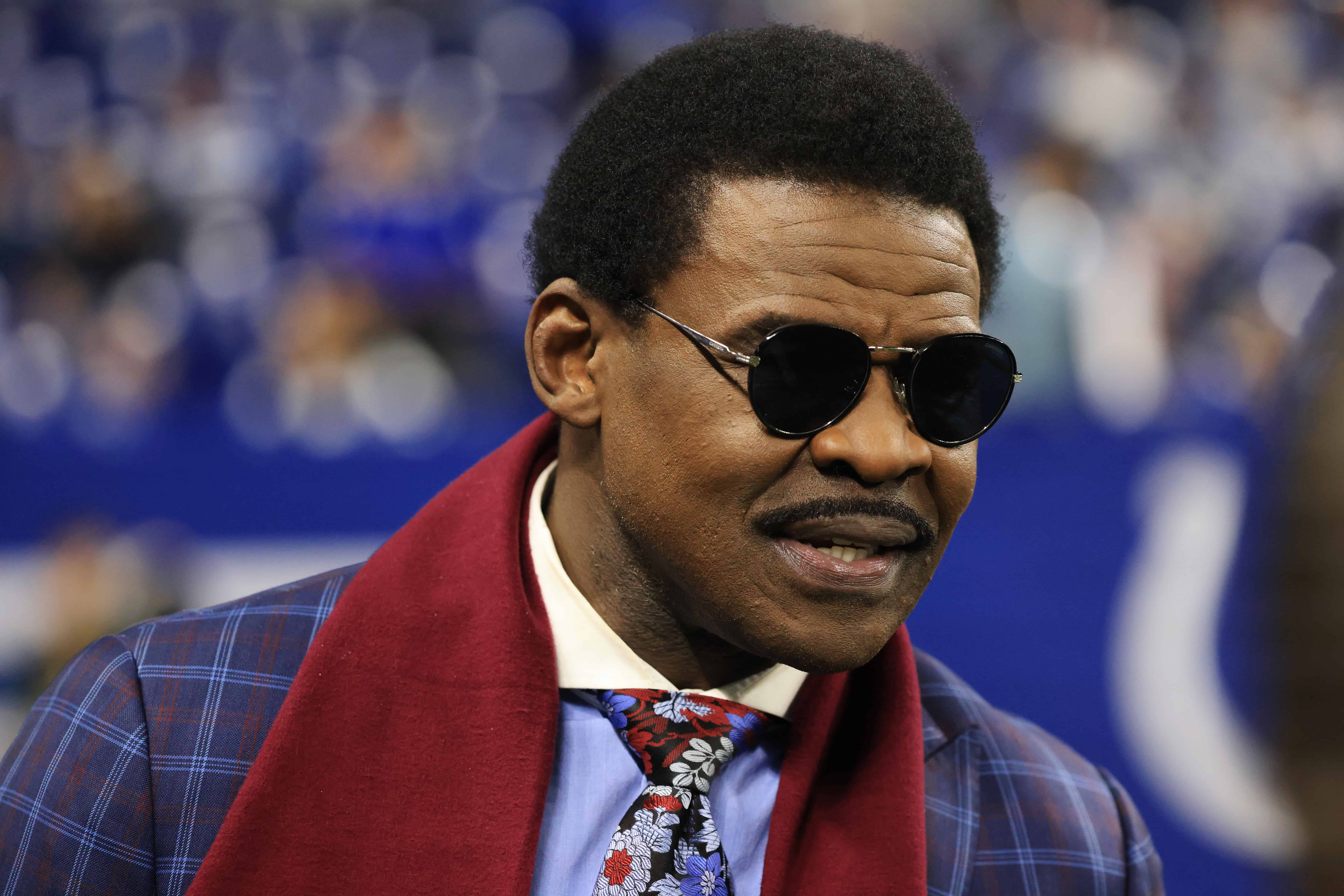 Sports commentator Michael Irvin looks on during warmups at Lucas Oil Stadium before the game between the Indianapolis Colts and the New York Jets on November 04, 2021 in Indianapolis, Indiana.