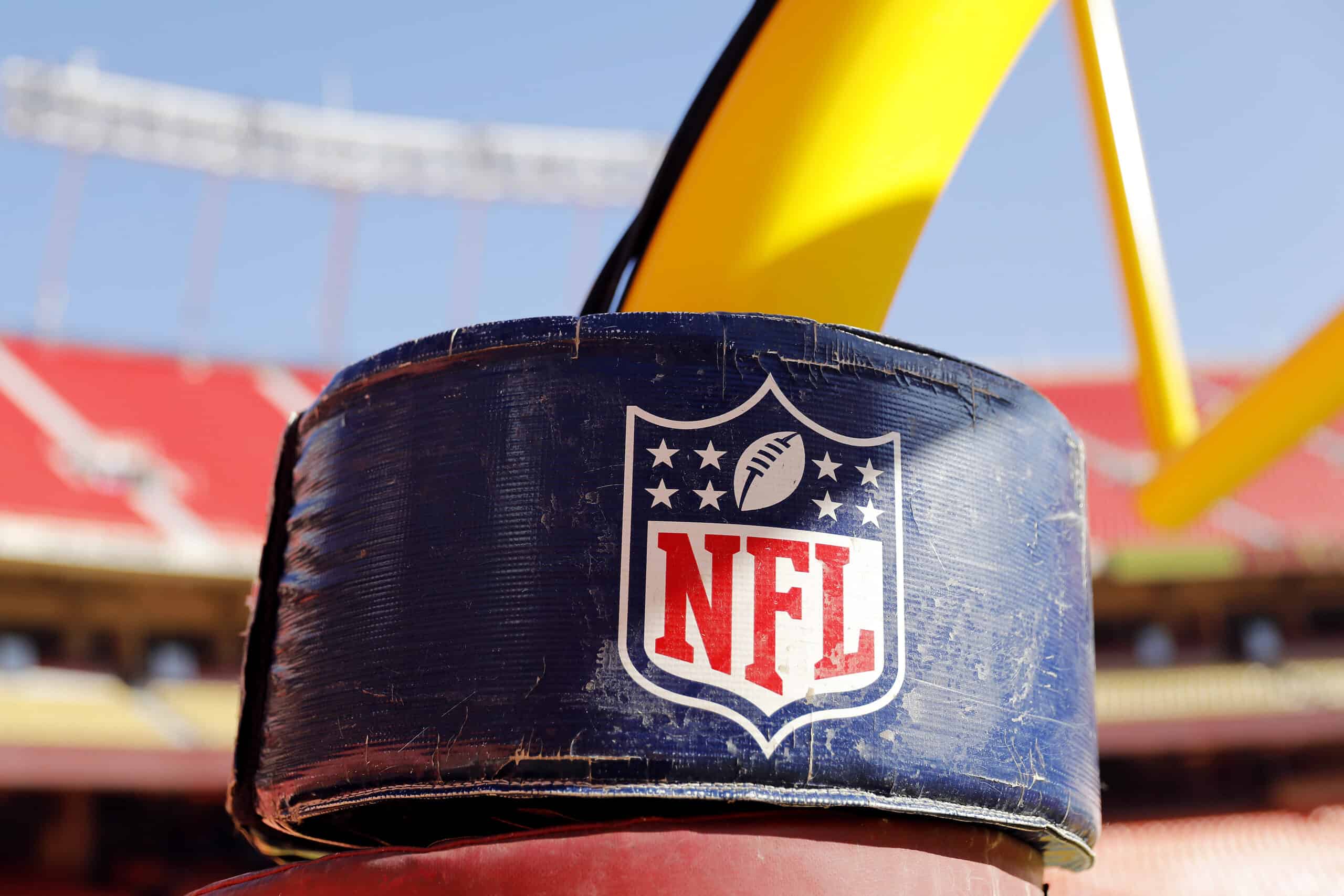 A detail view of the NFL logo on the goal post stanchion before the AFC Championship Game between the AFC Kansas City Chiefs and the Tennessee Titans at Arrowhead Stadium on January 19, 2020 in Kansas City, Missouri.
