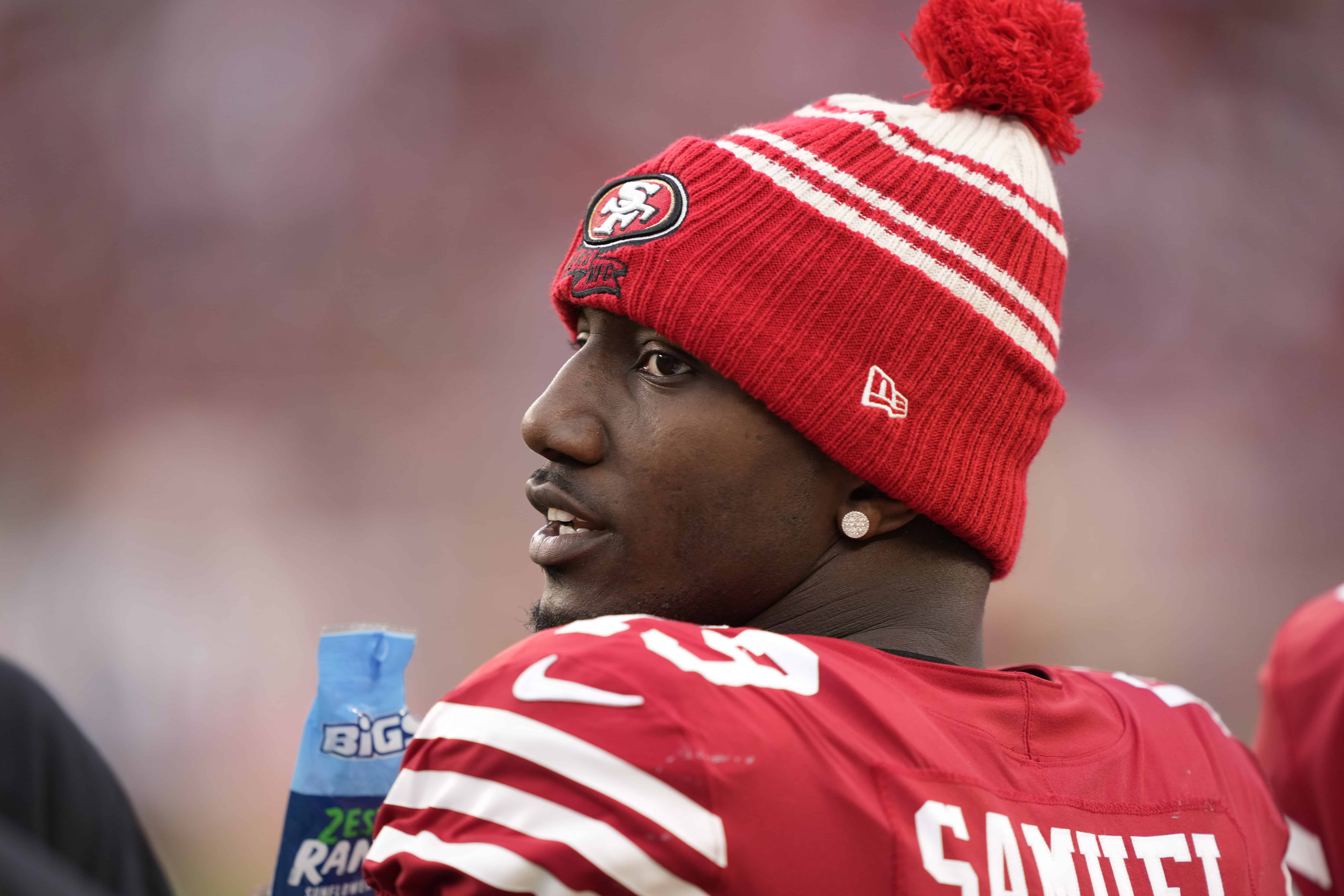 Deebo Samuel #19 of the San Francisco 49ers looks on during the game against the Arizona Cardinals at Levi's Stadium on January 08, 2023 in Santa Clara, California.