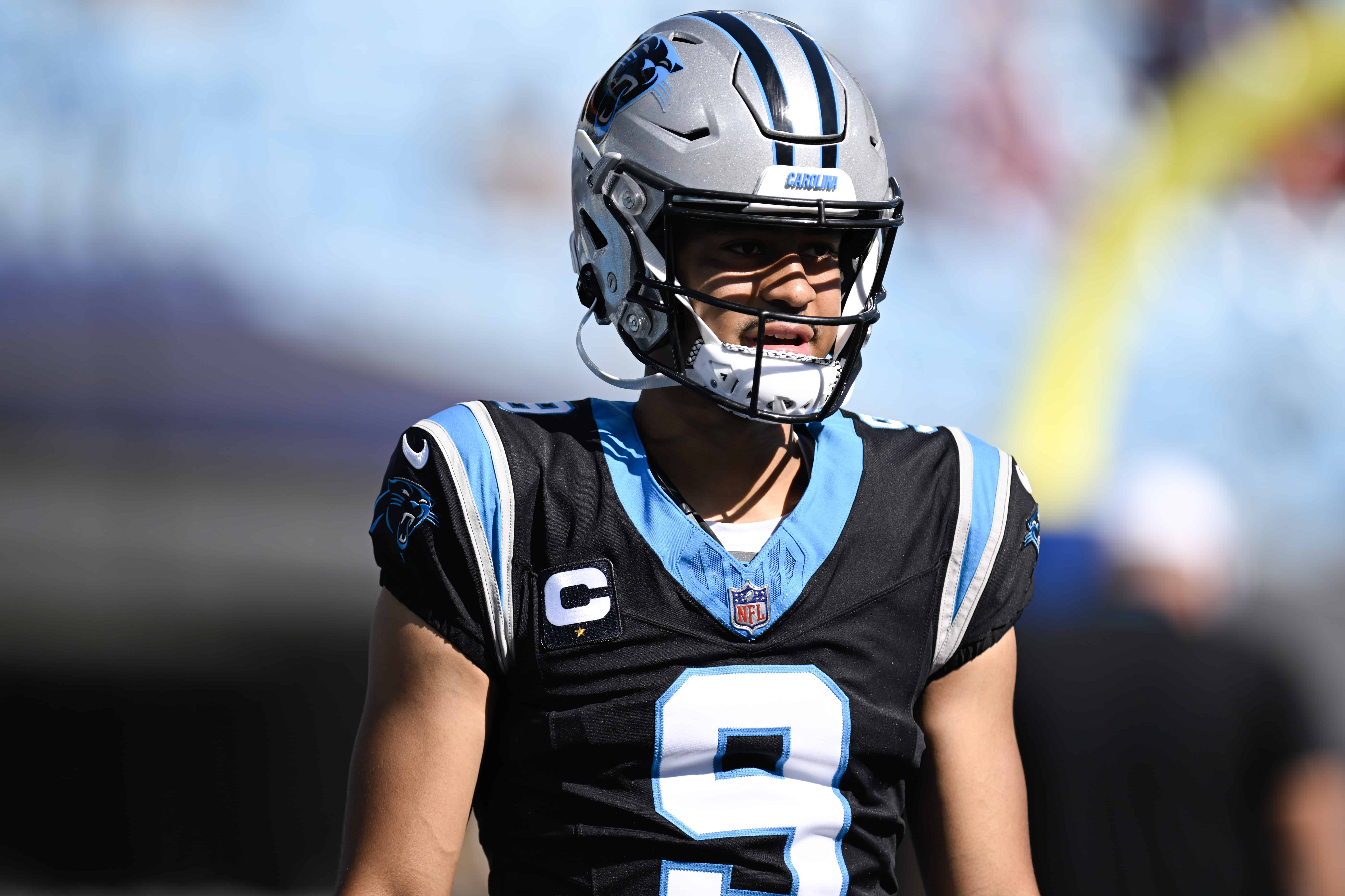 Bryce Young #9 of the Carolina Panthers looks on before the game against the Houston Texans at Bank of America Stadium on October 29, 2023 in Charlotte, North Carolina.