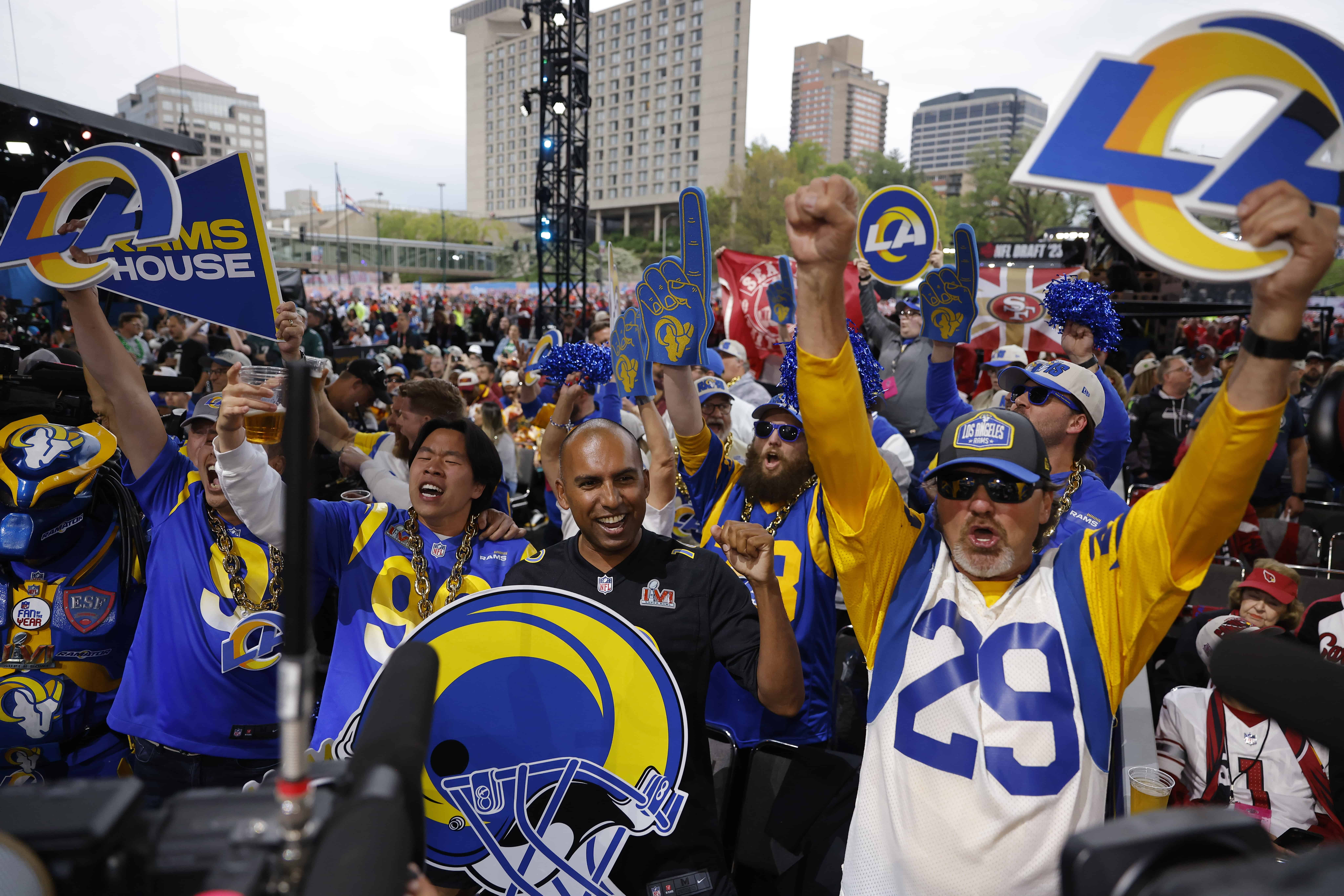 KANSAS CITY, MO - APRIL 28: Los Angeles Rams fans react to their teams selection in the second round of the 2023 NFL Draft at Union Station on April 28, 2023 in Kansas City, Missouri.