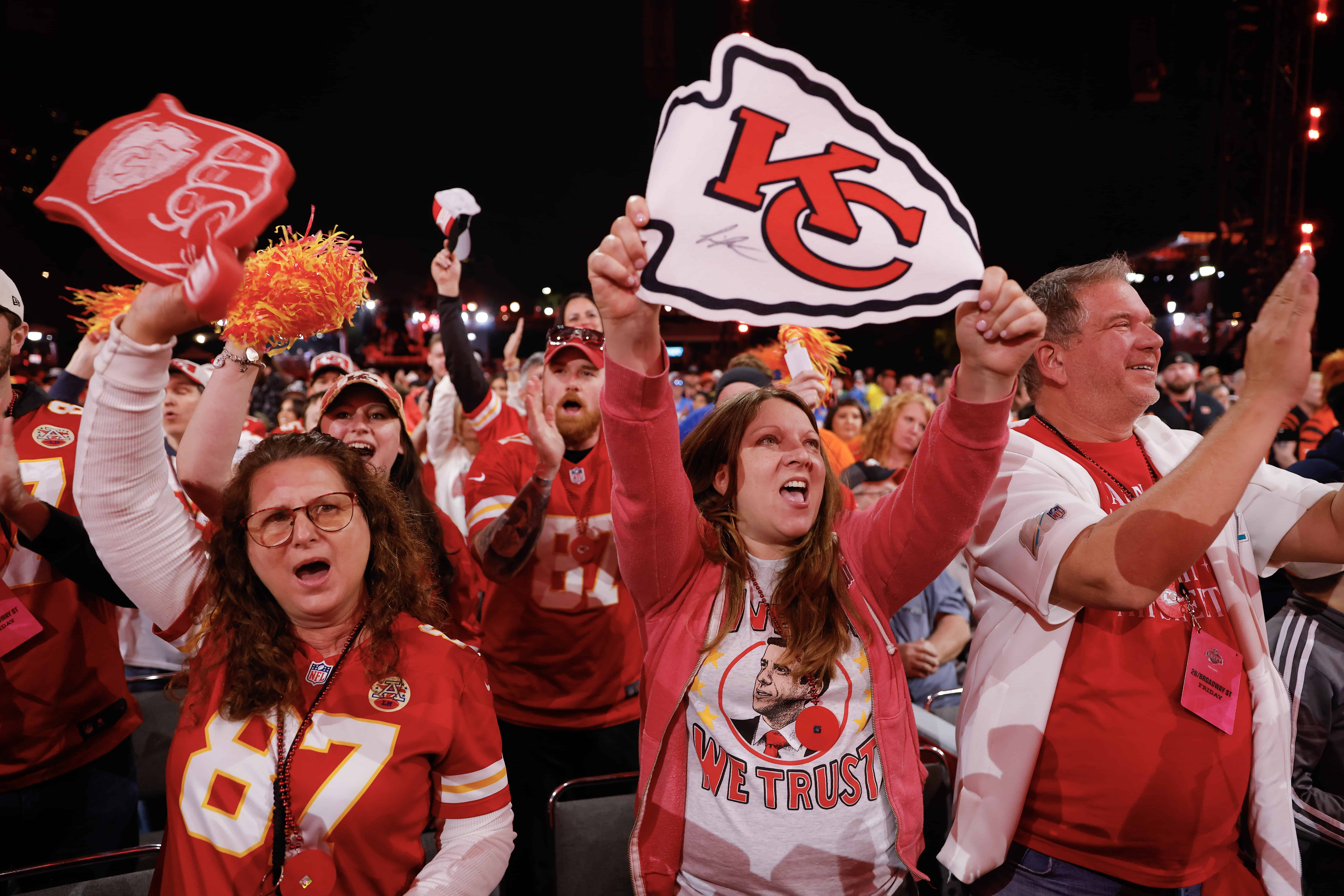 KANSAS CITY, MO - APRIL 28: Kansas City Chiefs fans react to their teams selection in the third round of the 2023 NFL Draft at Union Station on April 28, 2023 in Kansas City, Missouri.