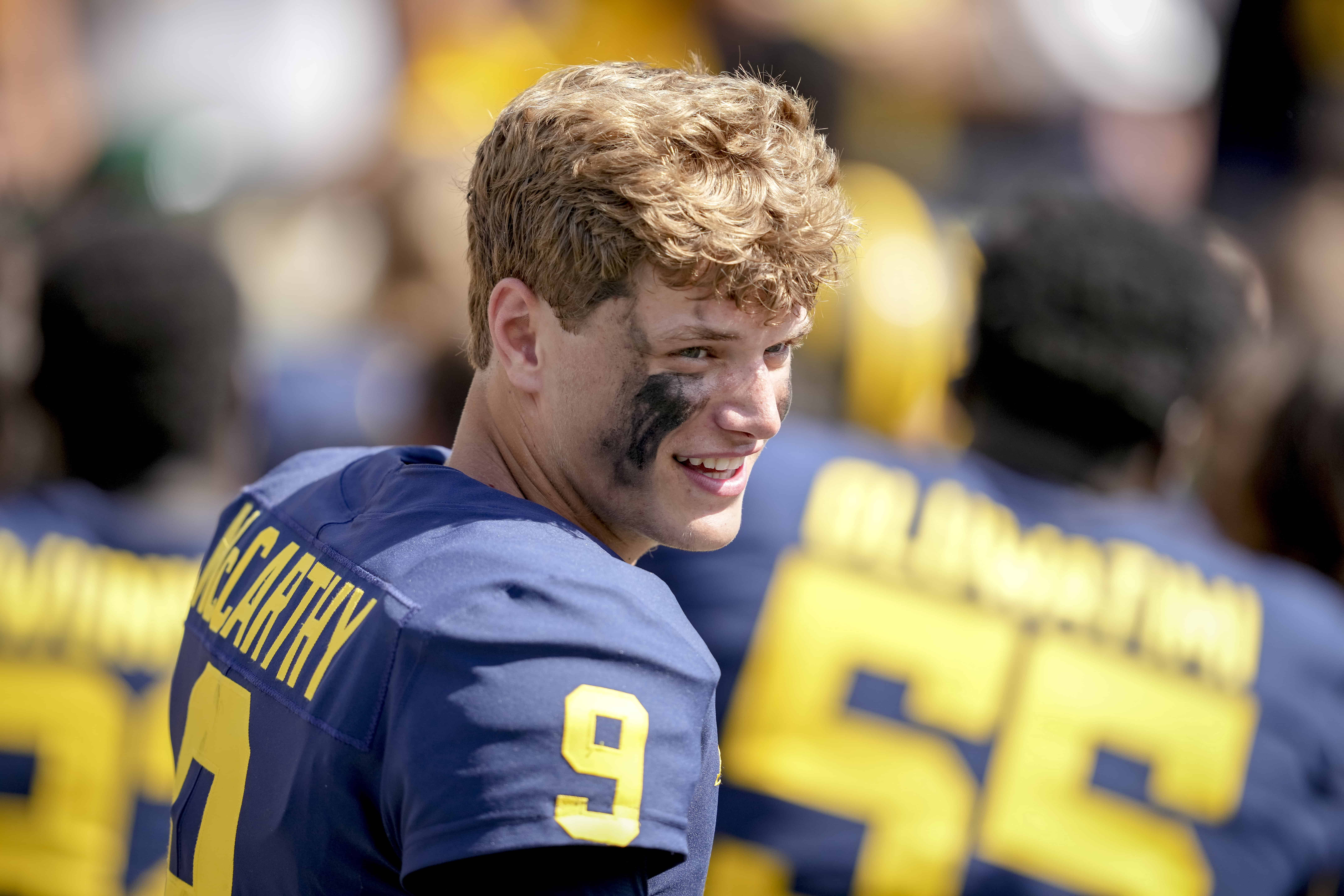 ANN ARBOR, MICHIGAN - SEPTEMBER 03: J.J. McCarthy #9 of the Michigan Wolverines looks on after the game against the Colorado State Rams at Michigan Stadium on September 03, 2022 in Ann Arbor, Michigan.