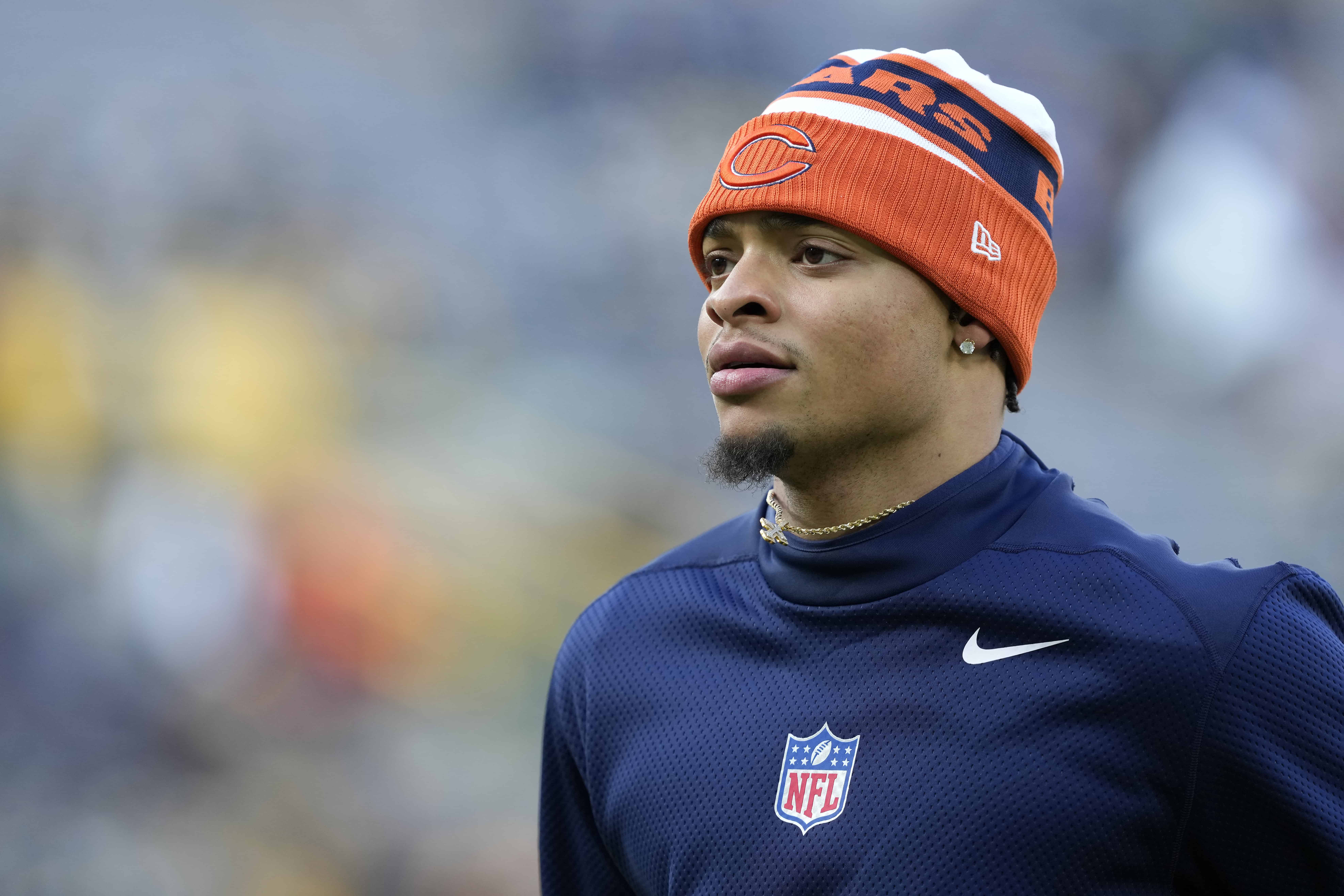 GREEN BAY, WISCONSIN - JANUARY 07: Justin Fields #1 of the Chicago Bears looks on prior to the game against the Green Bay Packers at Lambeau Field on January 07, 2024 in Green Bay, Wisconsin.